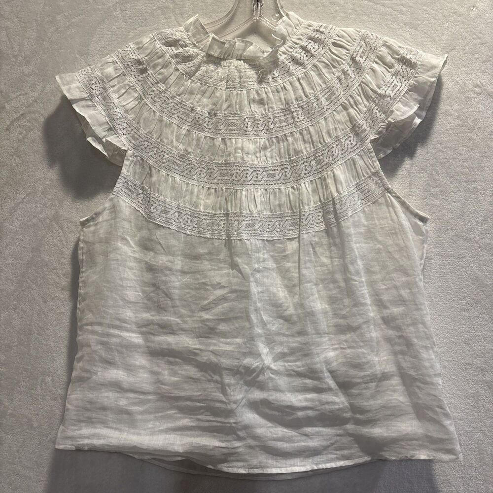 Frame Gathered Lace Inset Short Sleeve Top High Ruffled Collar White Large